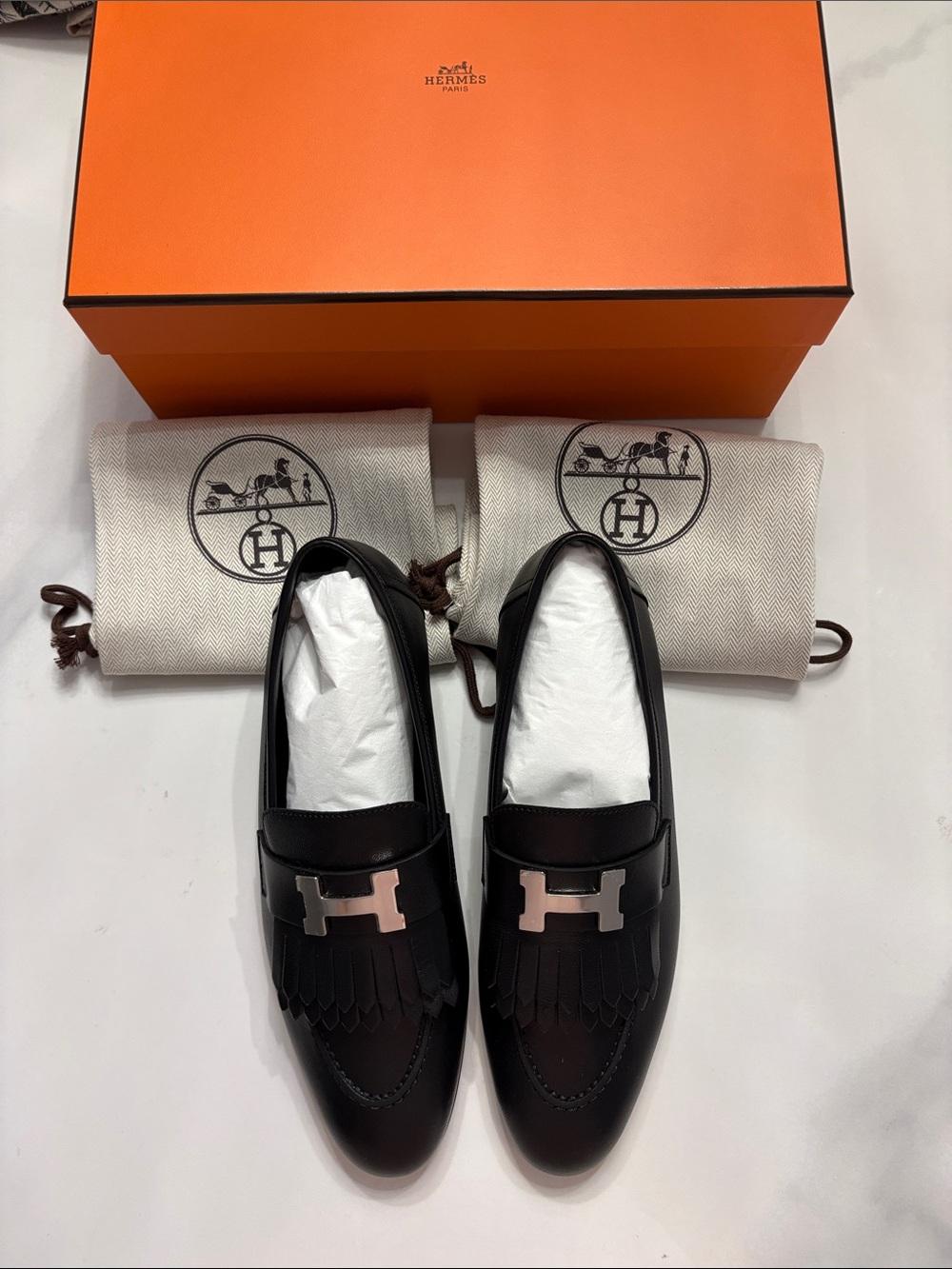 Hermes Black Leather Fringe Loafers with Silver H Hardware
